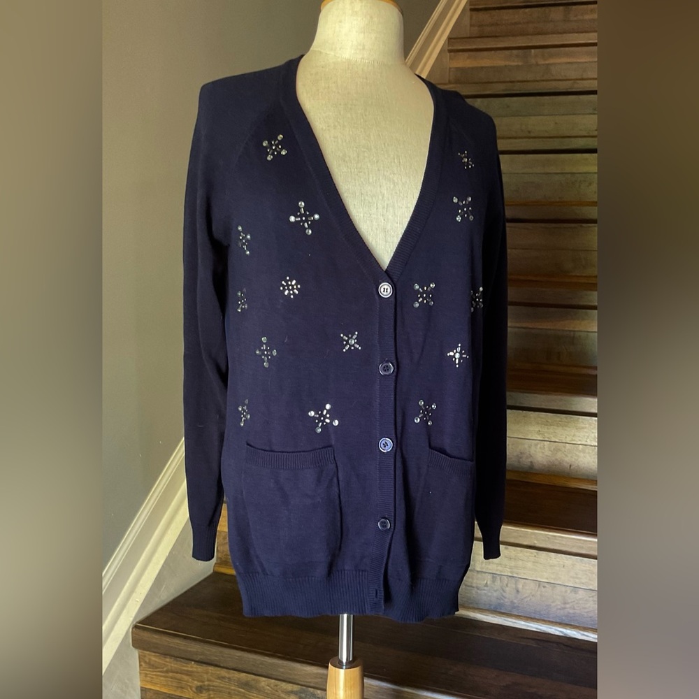 Keds Rhinestone Embellished Sheer Back Navy Cardigan NWT
